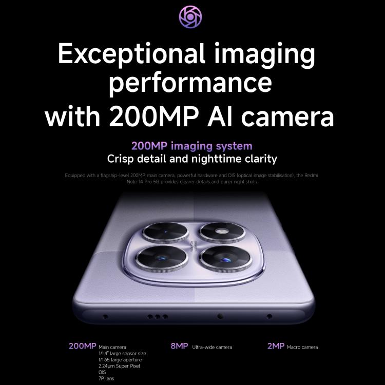 Xiaomi Redmi Note 14 Pro 5G Global, 8GB+256GB, In-screen Fingerprint, 6.67 inch Xiaomi HyperOS MediaTek Dimensity 7300-Ultra Octa Core, NFC, Network: 5G, Note 14 Pro 5G, 8GB+256GB(Black), Note 14 Pro 5G, 8GB+256GB(Purple) Xiaomi Redmi Note 14 Pro 5G Global, 8GB+256GB, In-screen Fingerprint, 6.67 inch Xiaomi HyperOS MediaTek Dimensity 7300-Ultra Octa Core, NFC, Network: 5G, Note 14 Pro 5G, 8GB+256GB(Black), Note 14 Pro 5G, 8GB+256GB(Purple)